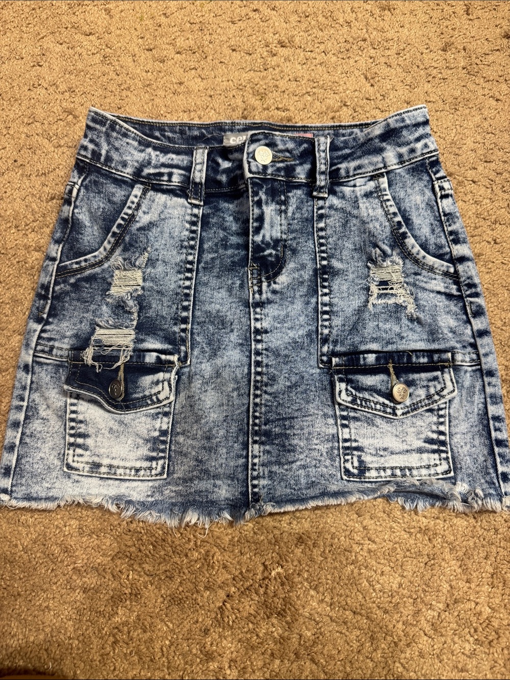 Girls Acid-Wash Denim Cargo Mini Skirt - Blue